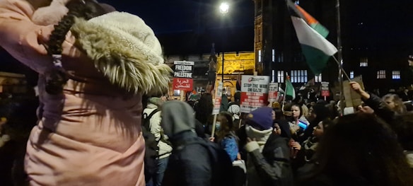 A large crowd gathered for a nighttime protest, with many people holding signs and banners featuring political messages. Some signs have messages supporting Palestine and opposing war. The crowd is diverse and there are flags being waved.