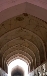 An architectural interior view featuring a series of ornate, arched ceilings with decorative patterns. The design includes geometric motifs and a symmetrical layout, highlighting sophisticated craftsmanship. Light filters through the space, creating a contrast between the illuminated arches and the darker, richly detailed sections.