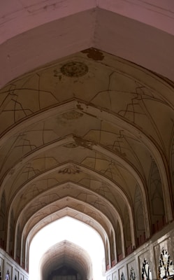 An architectural interior view featuring a series of ornate, arched ceilings with decorative patterns. The design includes geometric motifs and a symmetrical layout, highlighting sophisticated craftsmanship. Light filters through the space, creating a contrast between the illuminated arches and the darker, richly detailed sections.
