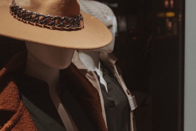 Two mannequins are showcased wearing elegant clothing. The foreground mannequin is adorned with a beige hat featuring a metallic chain detail and a brown coat over a dark top. The mannequin in the background is dressed more casually, with a light-colored coat and a knit hat.