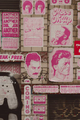 A series of colorful posters and murals are displayed on a brick wall. The art is primarily in pink tones, featuring various musicians and slogans like 'Move On Up,' 'Music Sounds Better With You,' and 'Another Dimension.' There are also images of cassette tapes and stylized portraits of famous musicians.