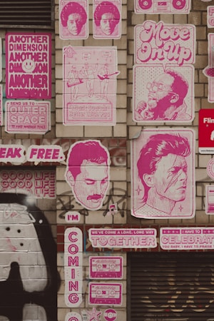 A series of colorful posters and murals are displayed on a brick wall. The art is primarily in pink tones, featuring various musicians and slogans like 'Move On Up,' 'Music Sounds Better With You,' and 'Another Dimension.' There are also images of cassette tapes and stylized portraits of famous musicians.