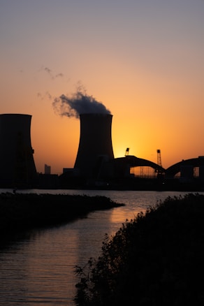 A vast industrial site with cooling towers releasing smoke into the evening sky. The sunset creates a dramatic silhouette of the structures against a warm, orange glow. The scene is reflected in the calm water in the foreground, framed by tall, dark plants on each side.