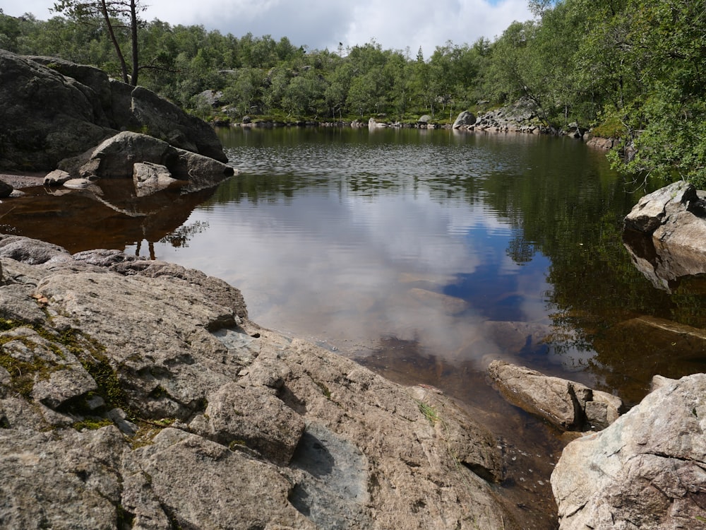 a lake surrounded by large rocks and trees