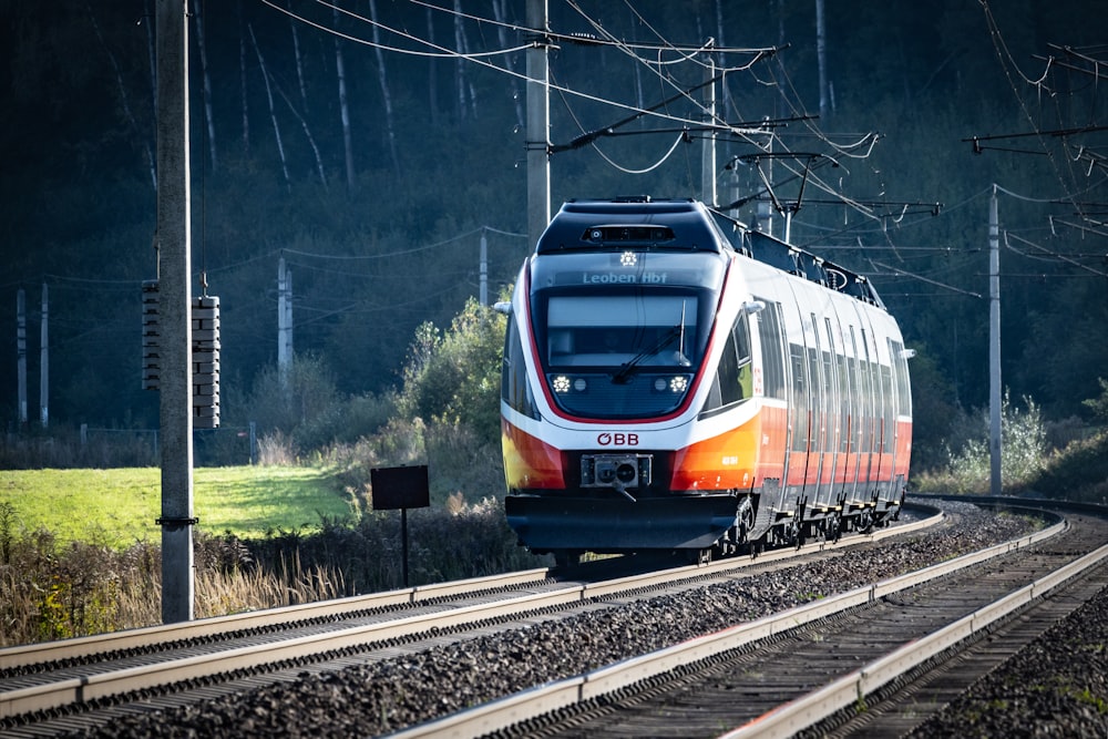 a train traveling down train tracks next to a forest