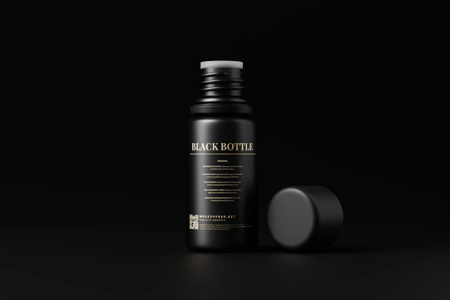 Black bottle packaging on a dark backdrop