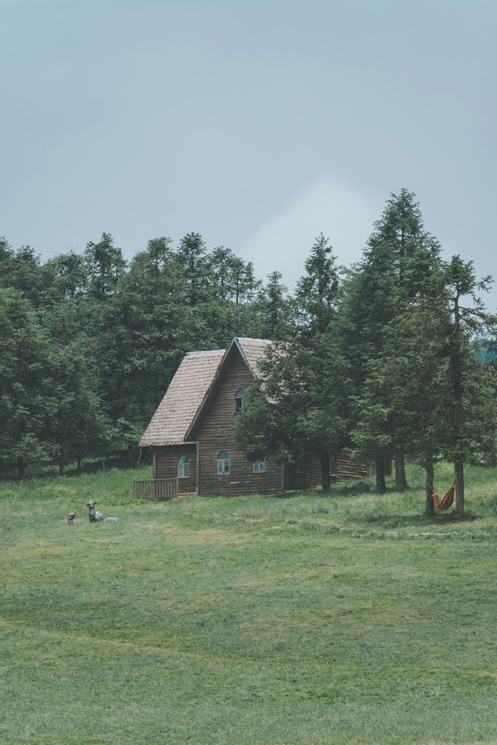 a cabin in the middle of a field with trees in the background