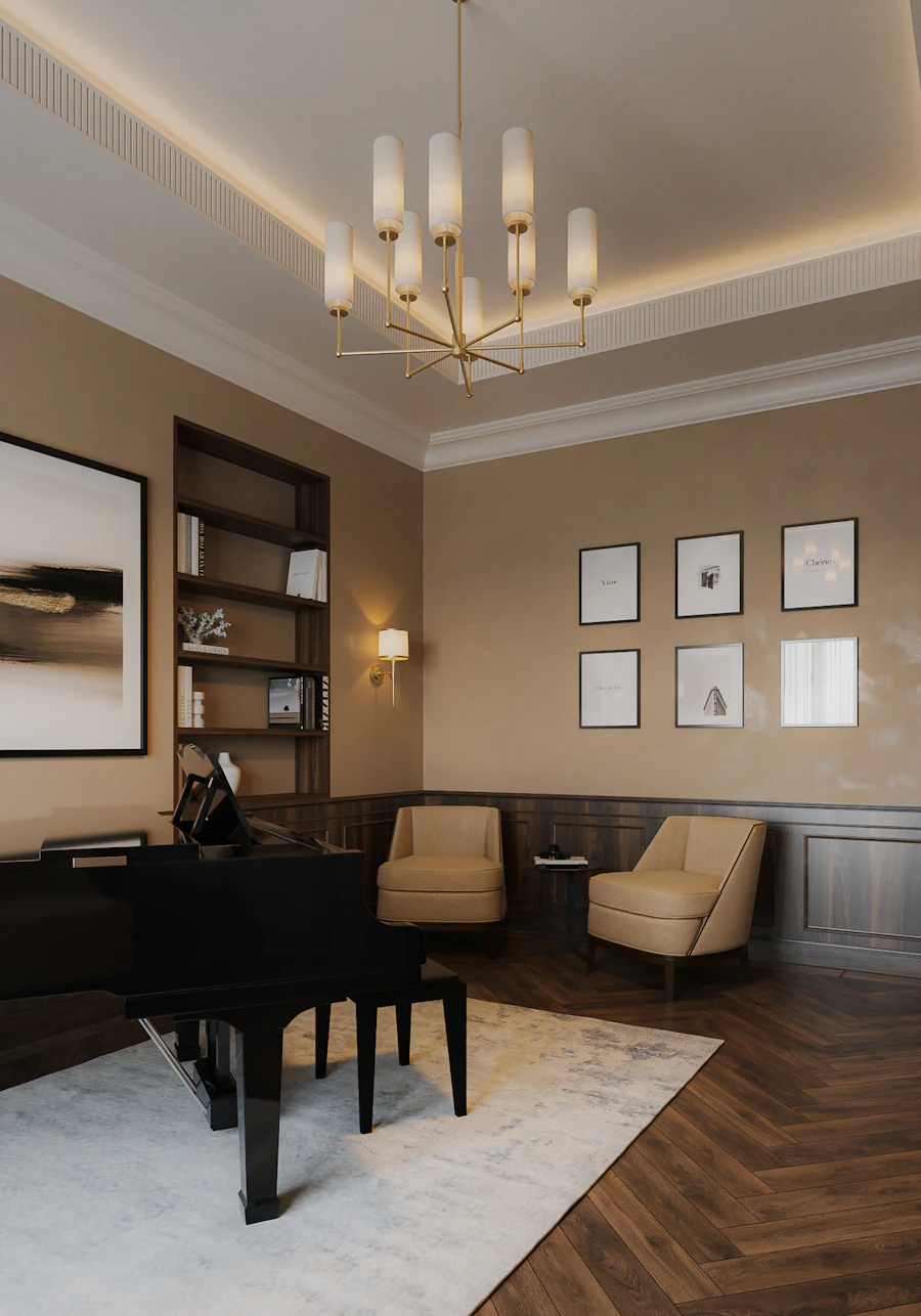 Salon meublé avec piano, tableaux encadrés et fauteuils