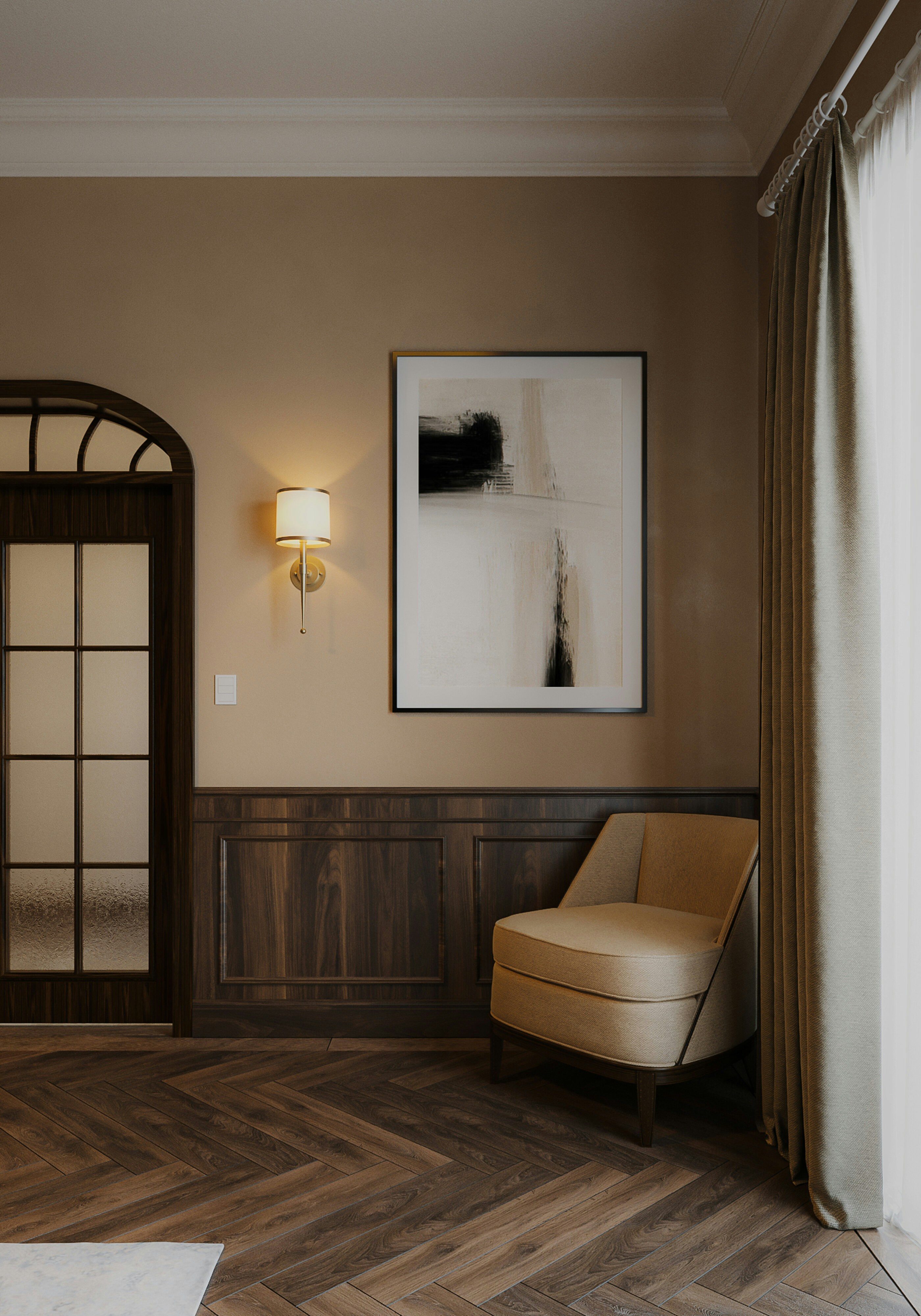 una sala de estar con una silla y un cuadro en la pared