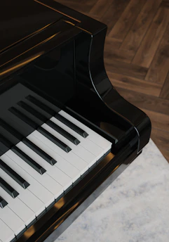 A sleek black piano keyboard with polished keys, bathed in soft natural light.