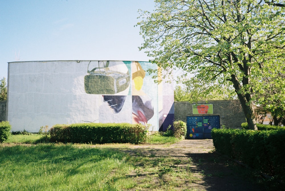 a mural on the side of a building in a park