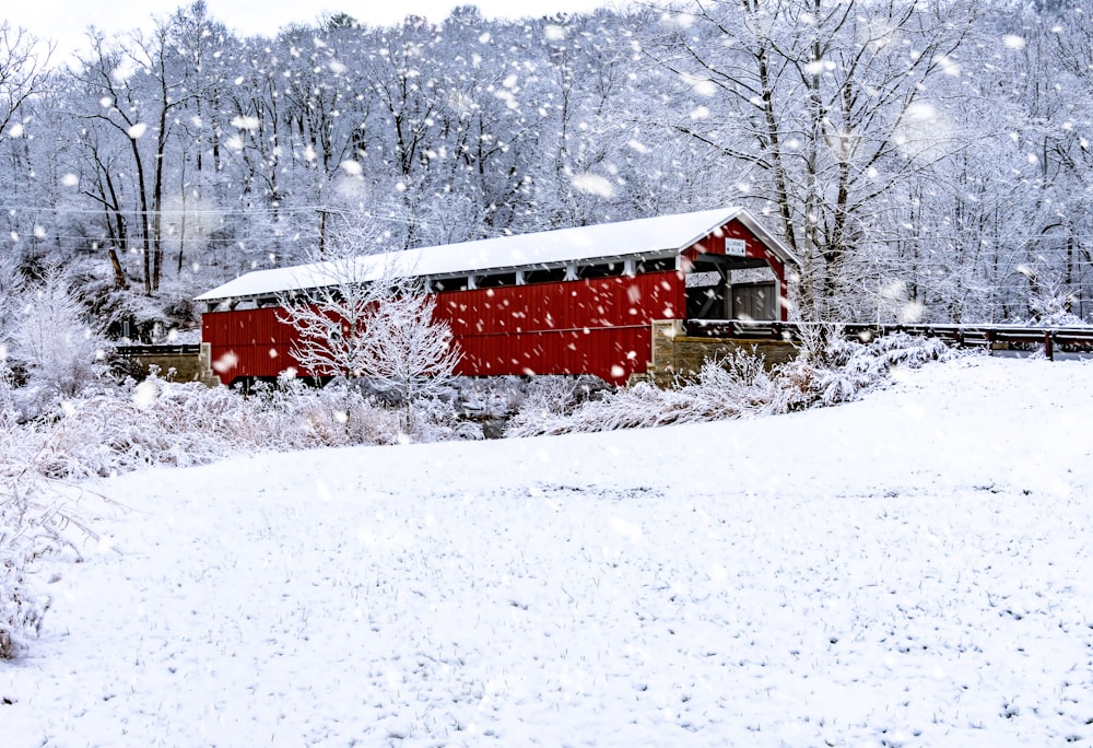 a red covered bridge in a snowy forest