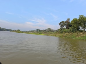 A clean river flowing gently past lush green banks under a clear sky.
