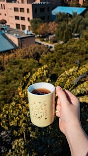 A close-up of hands holding a warm mug against a blurred cityscape background.