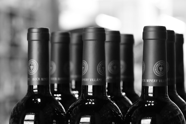 Elegant bottles of red and white wine lined up with soft beige and blue background.