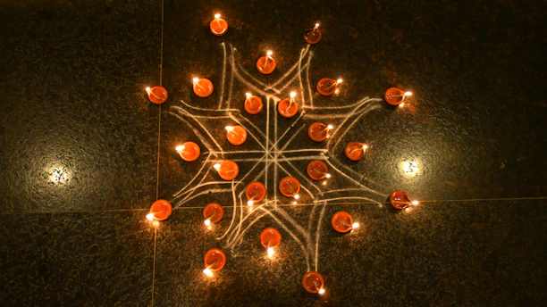 Decorative candles arranged artfully on a wooden tray, showcasing intricate Indian patterns and subtle lighting.
