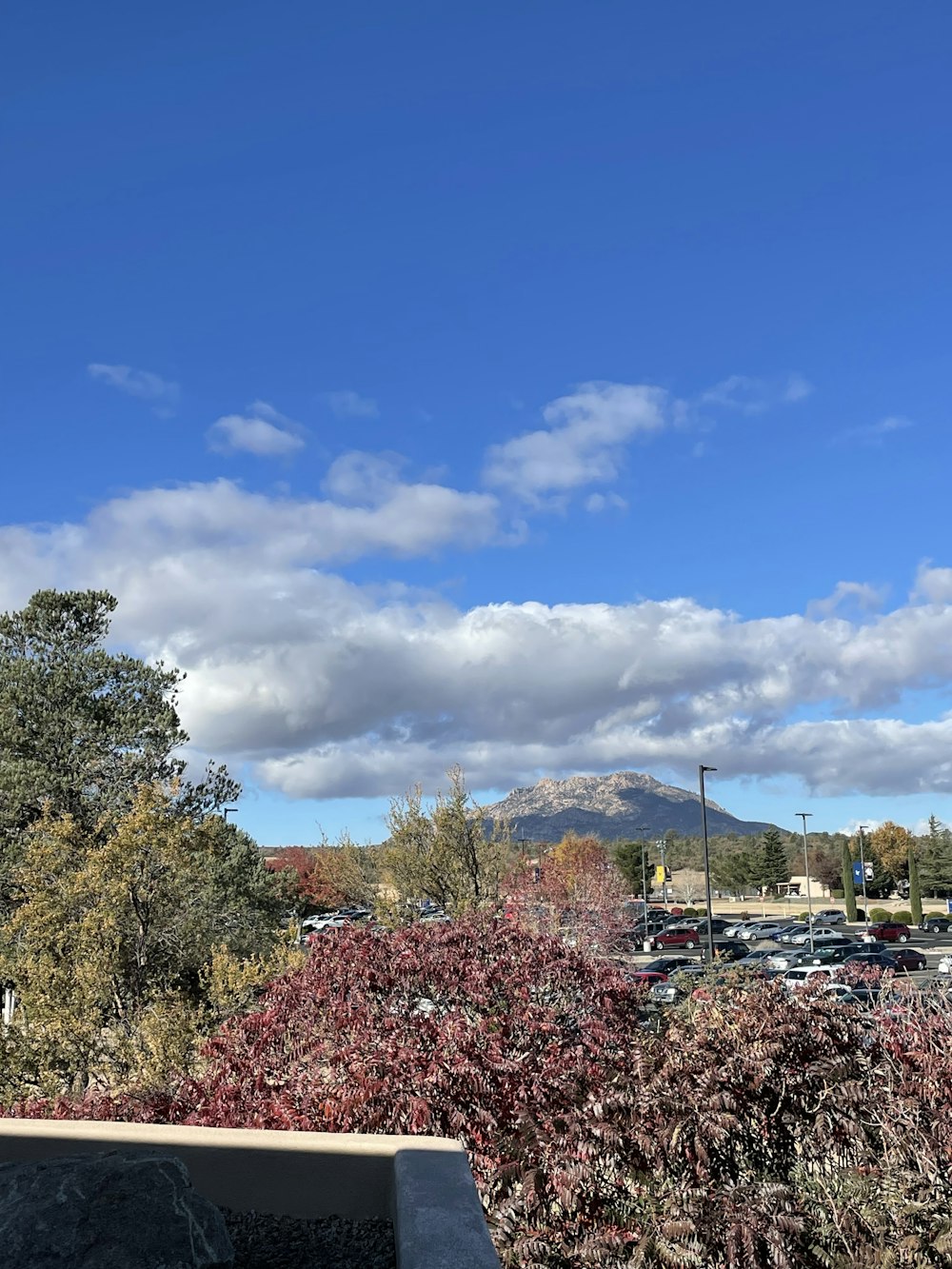 a view of a parking lot with a mountain in the background