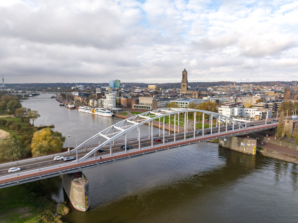 an aerial view of a bridge over a river