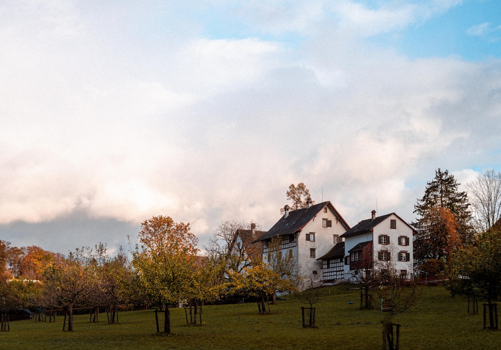 a large white house sitting on top of a lush green field