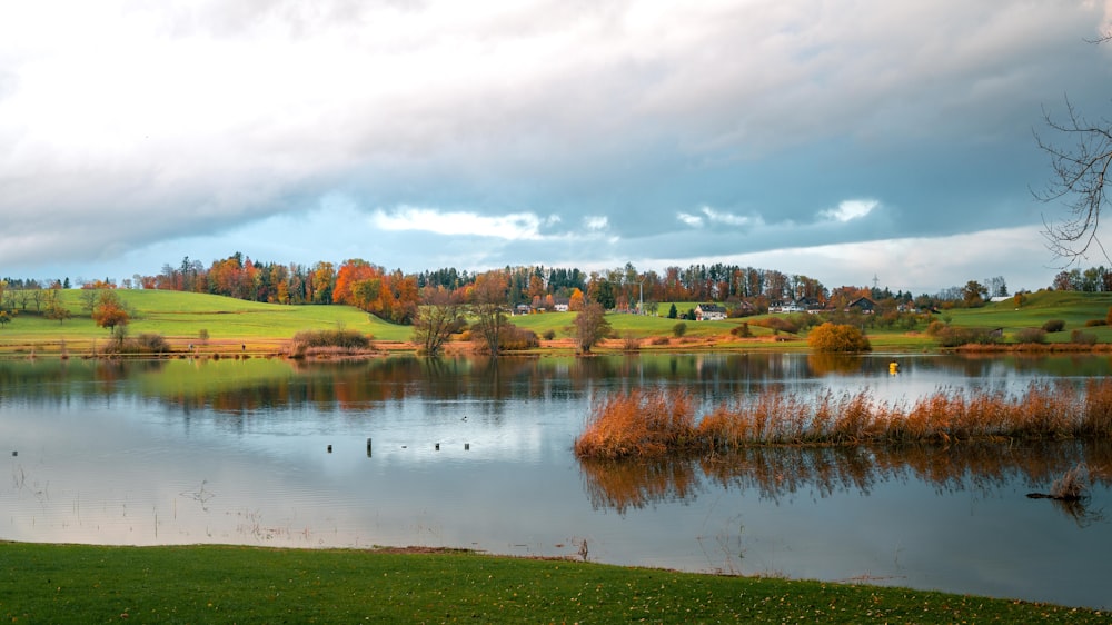 a large body of water surrounded by a lush green hillside