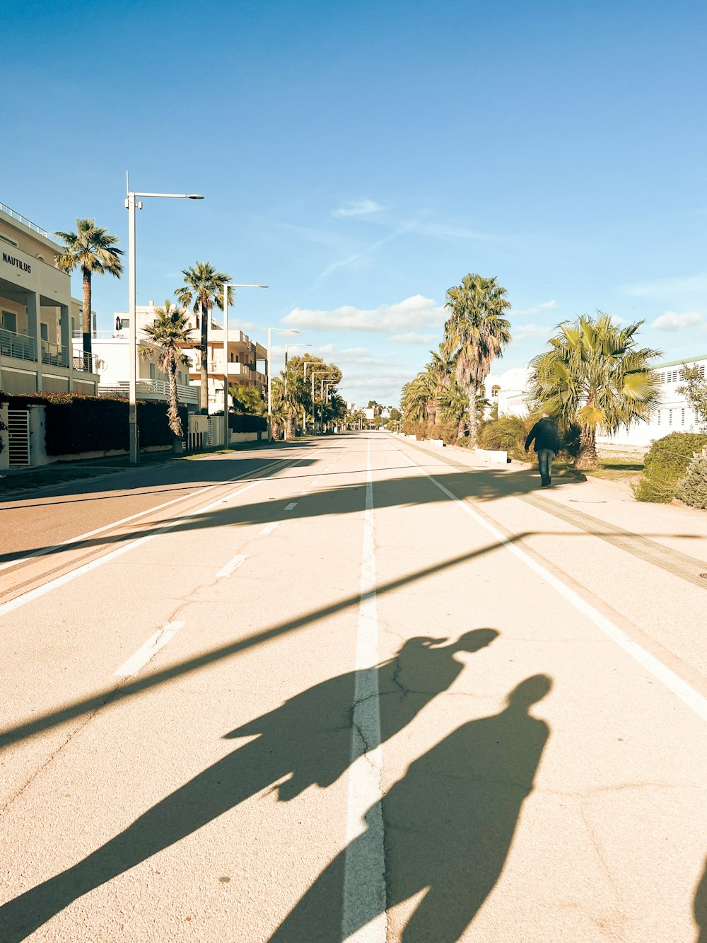 a man riding a skateboard down a street next to palm trees