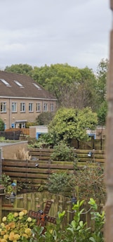A neighborhood scene with a view of a two-story residential building, trees, and a garden. The building has a brown roof and small windows. The garden features wooden fences, green shrubs, and flowering plants. A small, decorative windmill is present near the foliage.