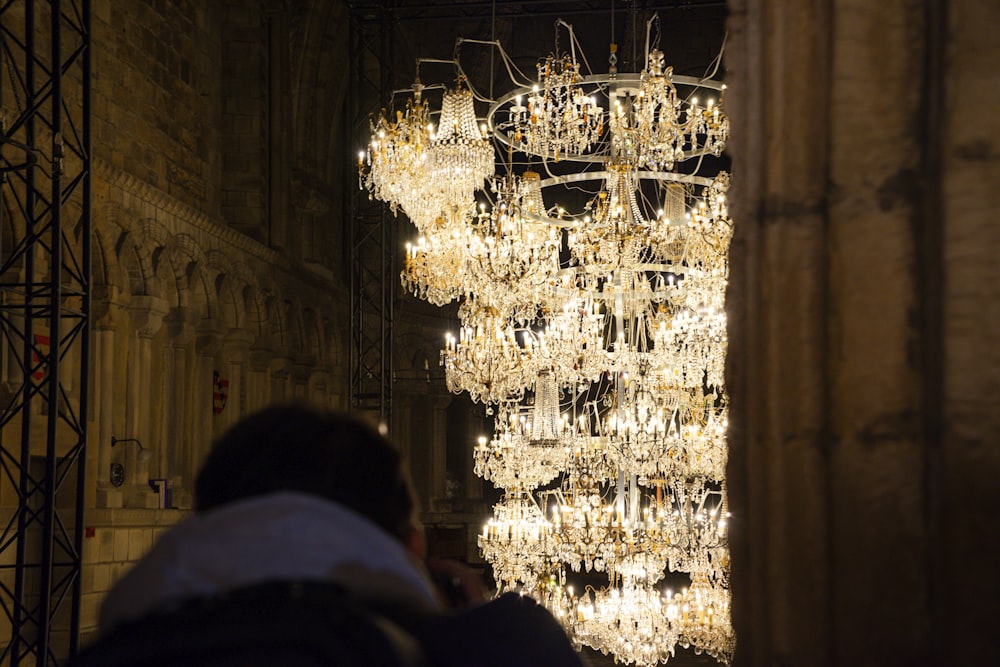 a large chandelier hanging from the ceiling of a building