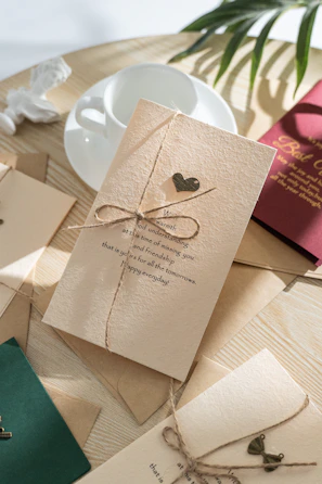 Hand-painted greeting cards and bookmarks arranged artfully on a rustic table.