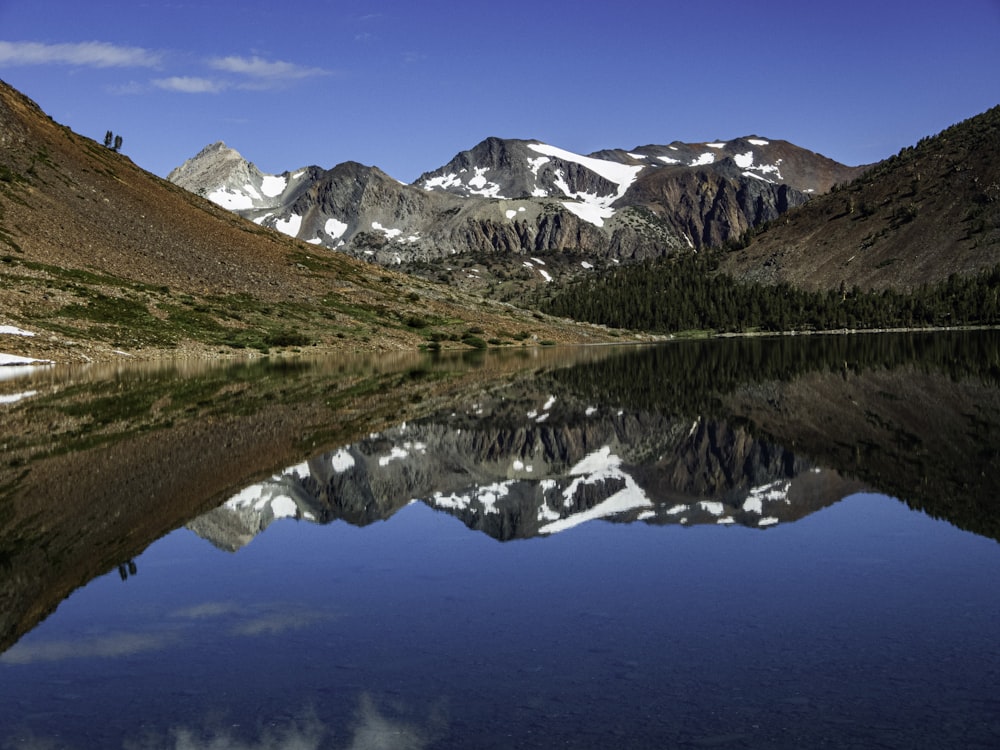 a mountain range is reflected in a still lake