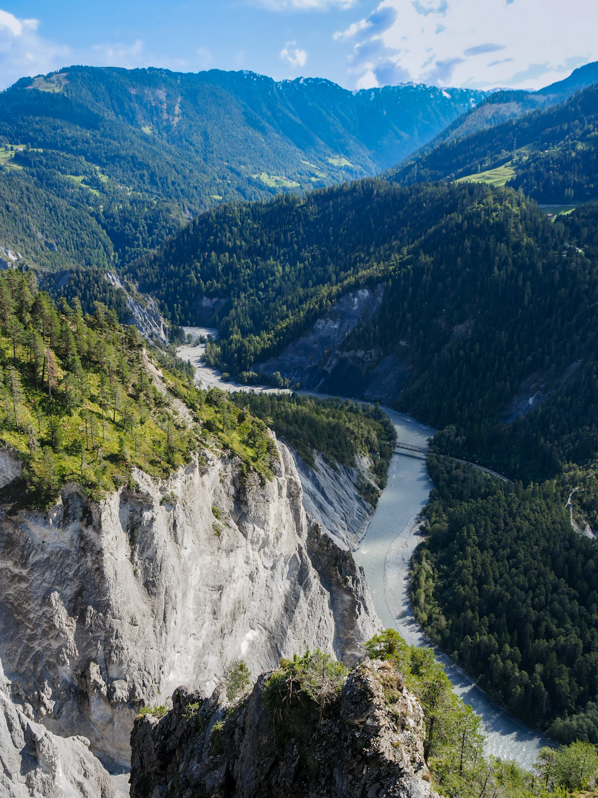 The Rhine winding through the white cliffs and forest of the Ruinaulta gorge near Versam
