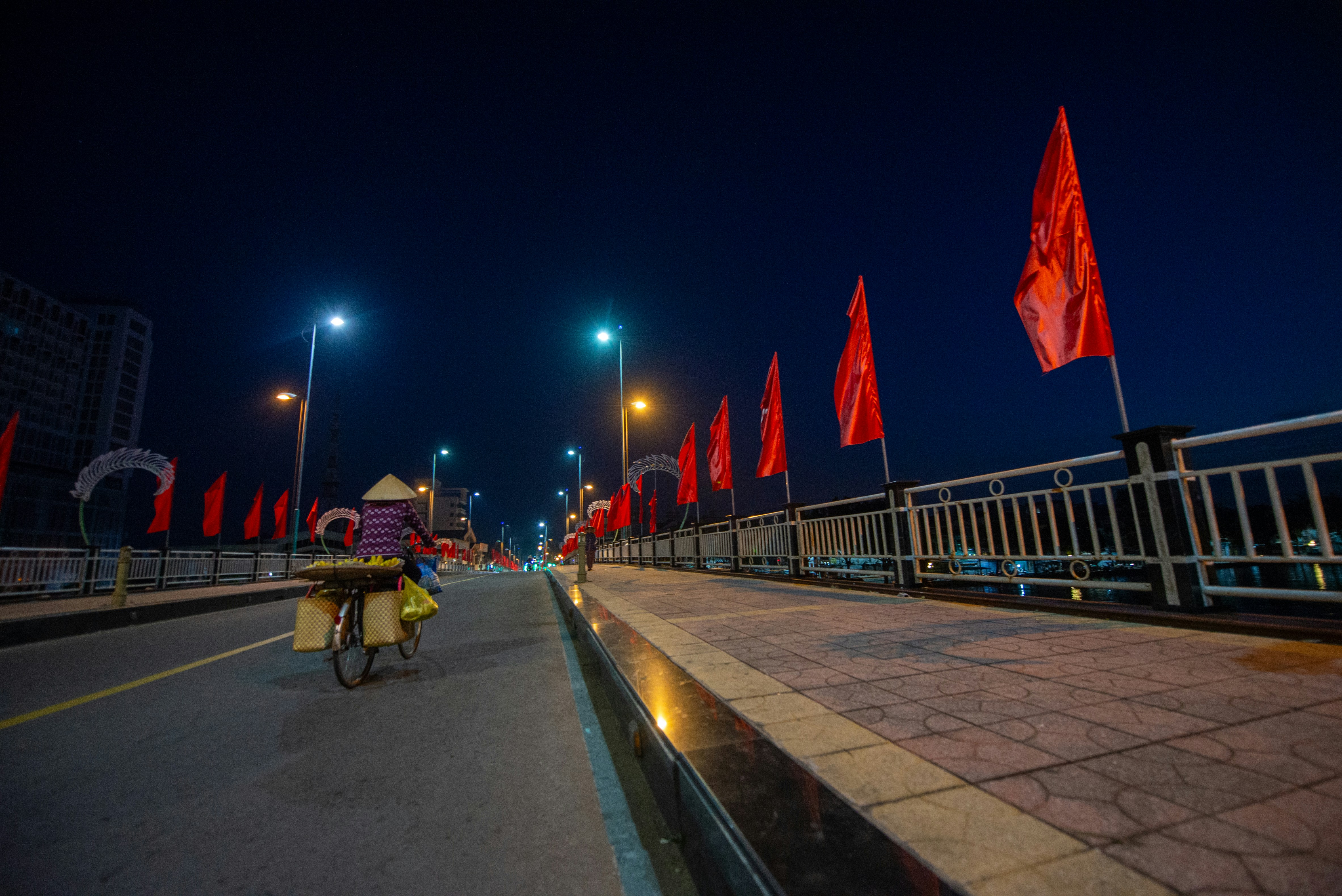 a person riding a bike down a street at night, The flag of Vietnam during traditional festivals, people in the Mekong Delta
