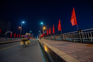 A vibrant bicyclist with a two-sided banner above their head and glowing lights on the bike frame.