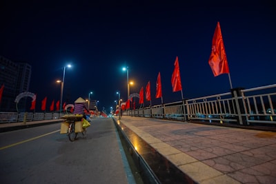 A vibrant bicyclist with a two-sided banner above their head and glowing lights on the bike frame.
