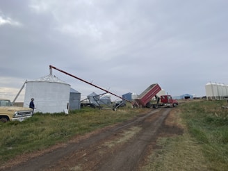 A rural farming scene featuring large metal silos, a yellow vintage truck, a red dump truck unloading, and a person nearby. The setup includes farming equipment with the sky overcast and fields stretching in the background.
