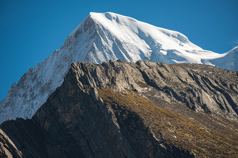 a snow covered mountain with a clear blue sky