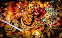 A vibrant and intricate depiction of figures in traditional Japanese warrior attire, surrounded by dynamic swirling colors and patterns. The central figure wields a glowing blue sword, facing intense expressions from mythical creatures.