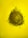 A large, intricately woven bird's nest composed of dry twigs and branches sits against a bright yellow background. The nest is teardrop-shaped, with twigs radiating outward in a chaotic yet purposeful pattern.