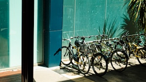 A variety of bicycles parked outside on a sunny day.