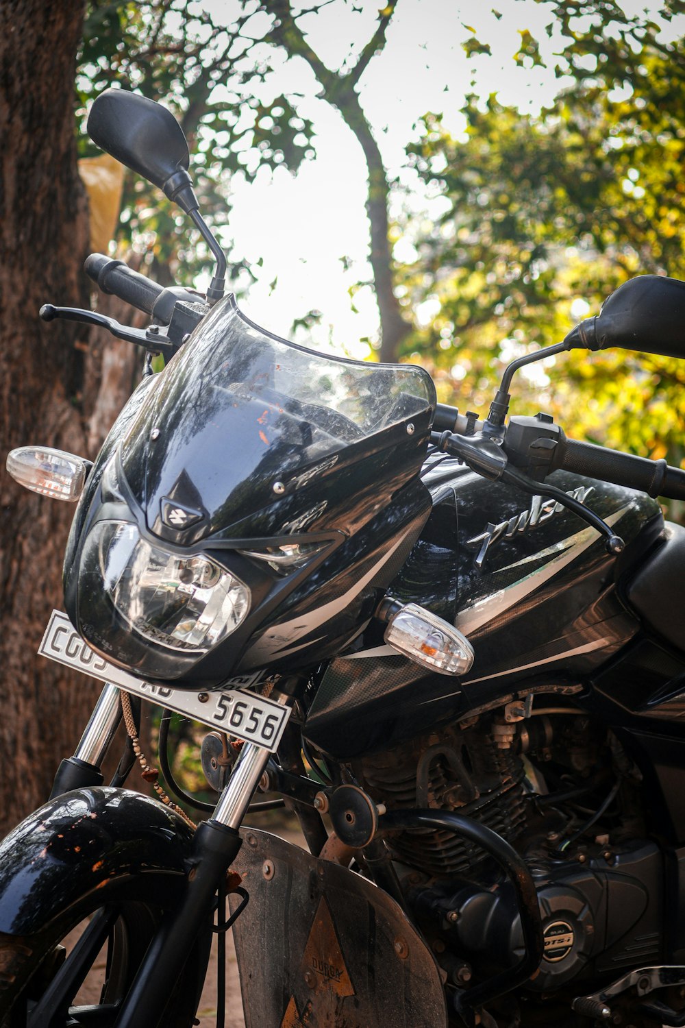 a black motorcycle parked next to a tree