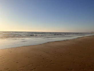 A serene beach scene at dawn with soft waves and footprints in the sand
