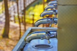 Several metal faucets are aligned in a row on a communal sink setup, with a blurred natural background featuring trees and sunlight.
