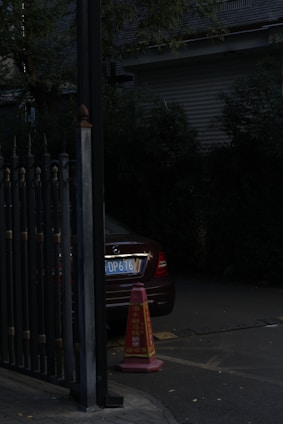A partially visible car with a visible license plate is parked next to a metal gate. A traffic cone with writing on it is in front of the car. The scene is dimly lit, and there are trees and a building in the background.
