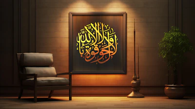 A serene living room wall adorned with a large emerald green and gold calligraphy piece from qurb.