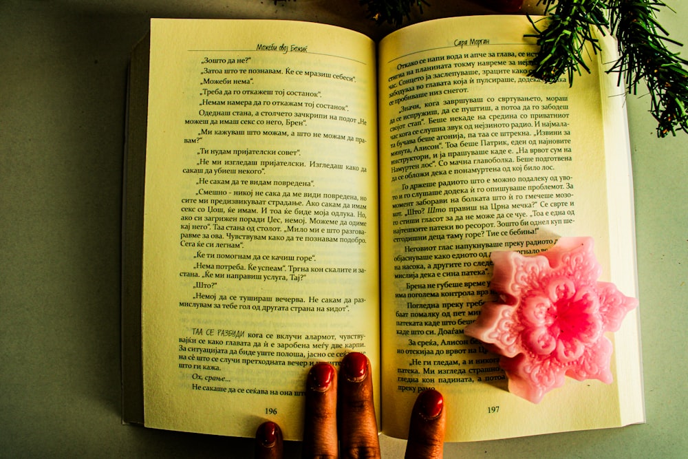 a person holding a flower on top of a book