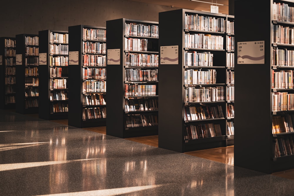 a row of bookshelves filled with lots of books