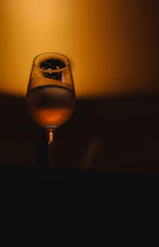 A serene close-up of a wine glass reflecting soft golden light with subtle sound wave patterns overlay.