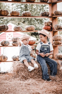 Two children wearing straw hats and denim overalls sit on a hay bale surrounded by an array of pumpkins. The setting is rustic and outdoors, with a wooden structure displaying the pumpkins in neat rows. A red barn-like building is visible in the background amid lush greenery.