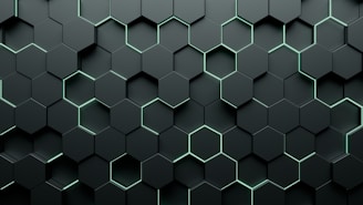 Minimalist dark slate background with interlocking hexagonal shapes representing secure network nodes
