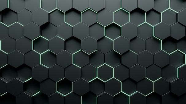 Minimalist dark slate background with interlocking hexagonal shapes representing secure network nodes