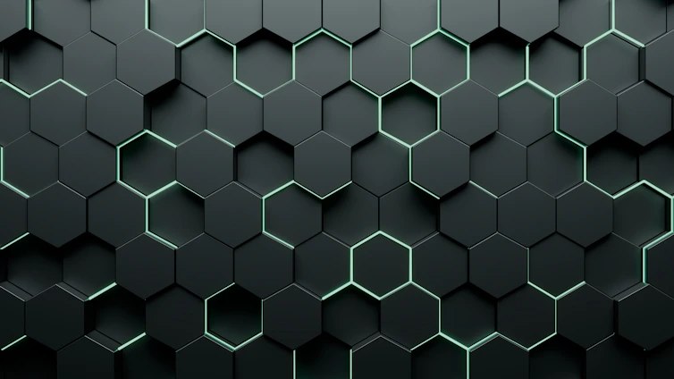 A sleek, glowing hexagon-patterned dental scan interface with teal and cyan highlights on a dark background.